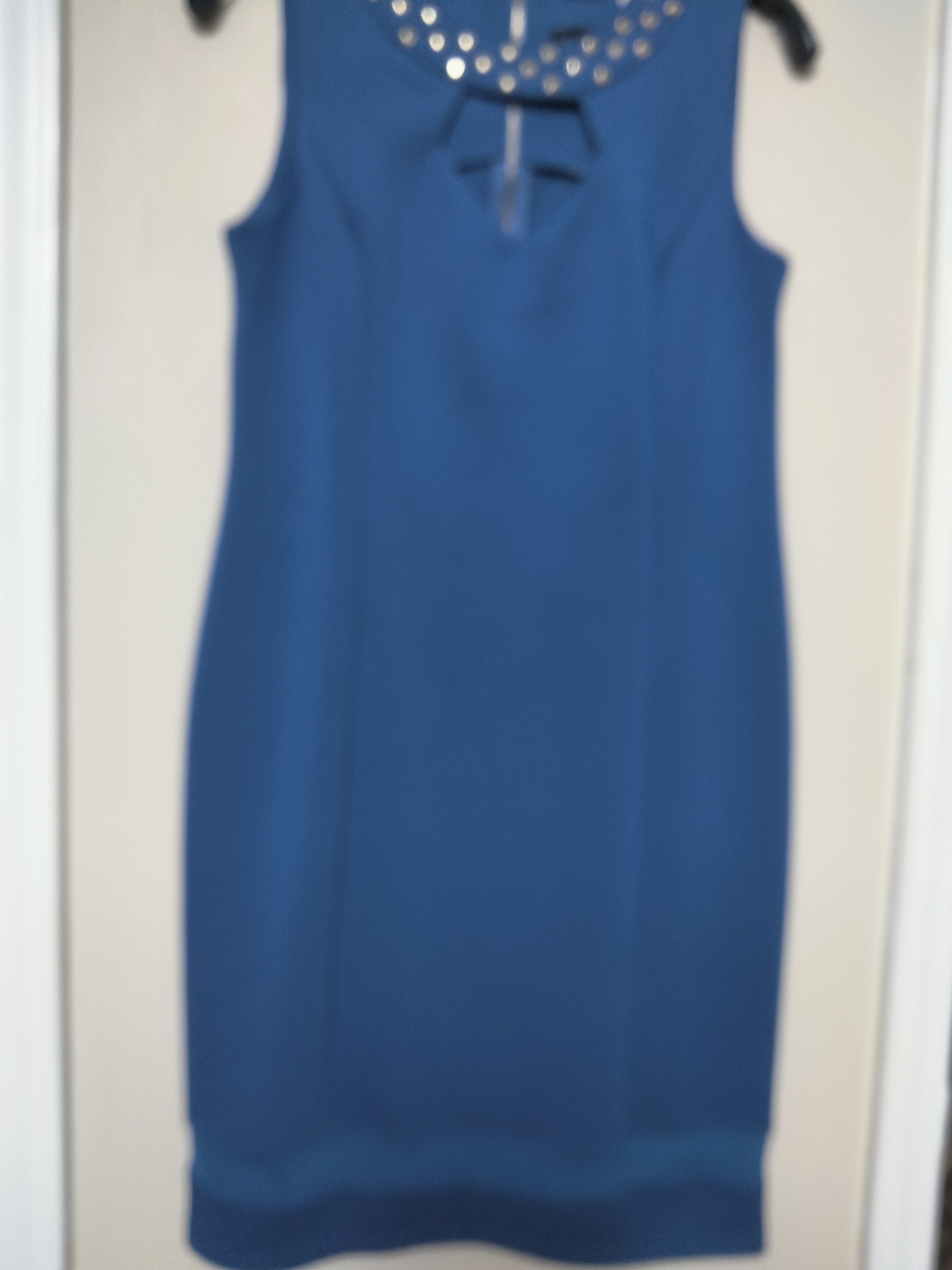 Spense Blue Sleeveless Stud-Neck Sheath Midi Dress